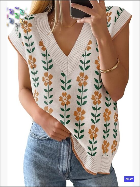Sweaters - Floral V Neck Sleeveless Sweater Vest Oversized Loose Knit Tank Tops Casual